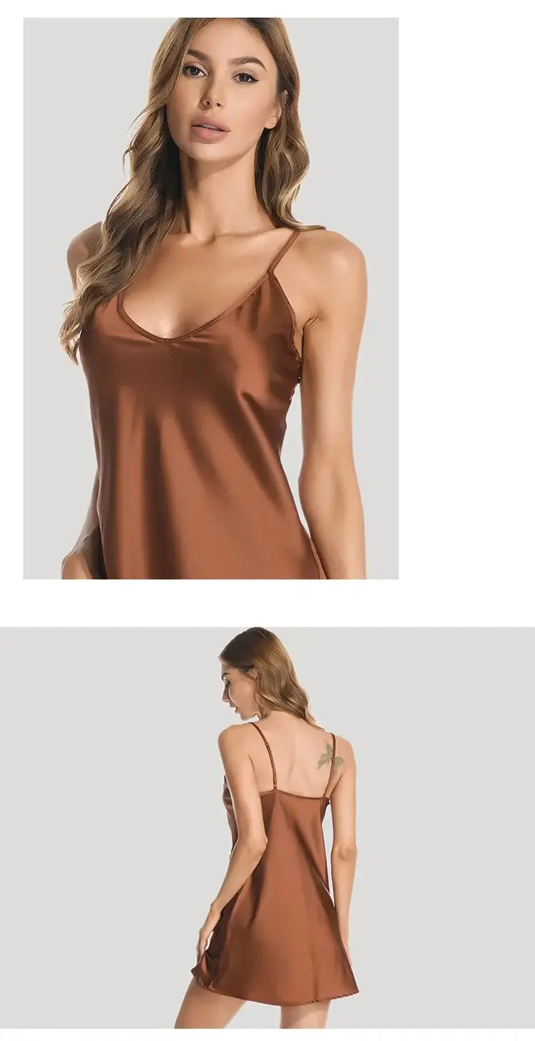 فستان نوم نسائي مثير من الحرير الجليدي والساتان بفتحة رقبة على شكل حرف V