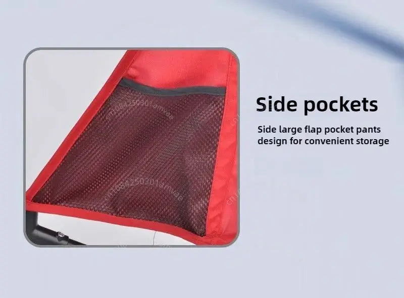 Close-up of side pockets on a baby stroller, showcasing large flaps for convenient storage and organization.
