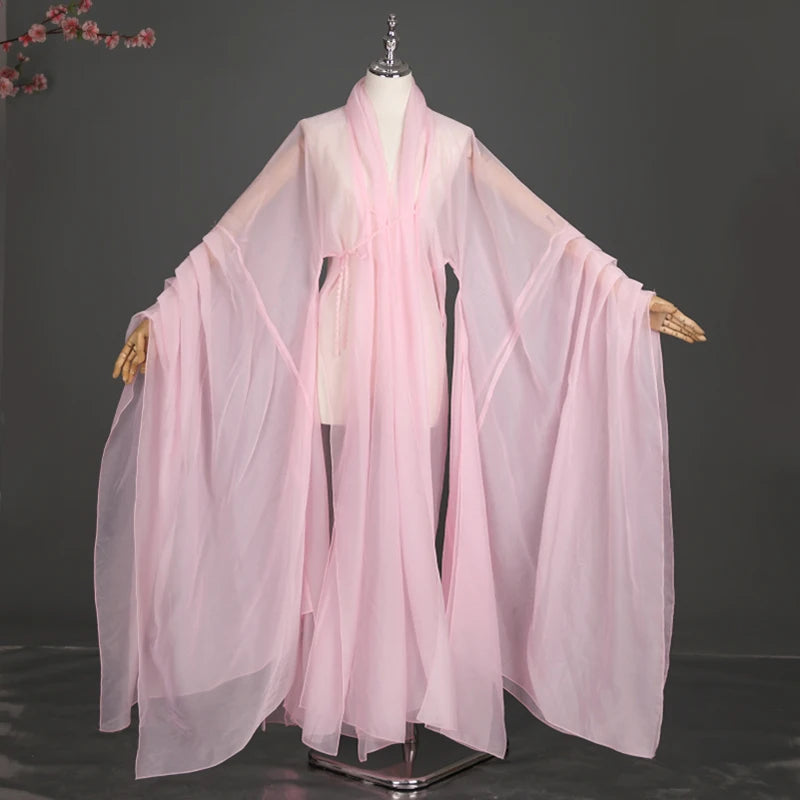 Women’s classical Hanfu stage costume in soft pink, featuring flowing sleeves and lightweight polyester fabric.