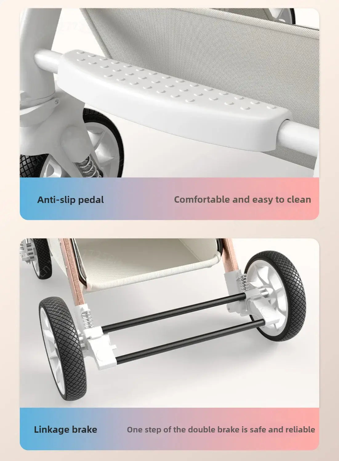 Close-up of lightweight baby stroller features: anti-slip pedal and linkage brake for safety.