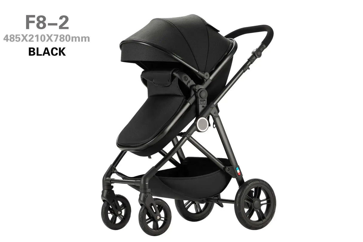 High-view four-wheel baby stroller in sleek black design, model F8-2, featuring adjustable seating and foldable functionality.