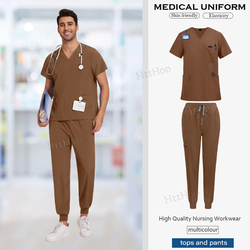 Brown medical scrub uniform set for men, short sleeved top and pants, breathable elastic workwear.