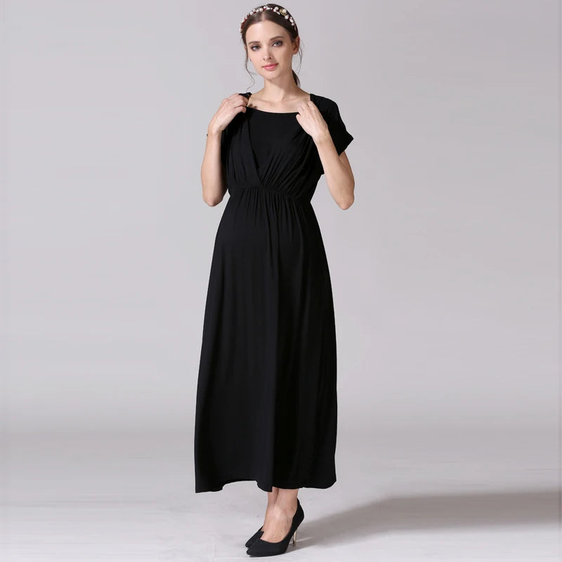 Soft fabric black maternity dress with V-neck and sashes, ideal for breastfeeding and postpartum wear.