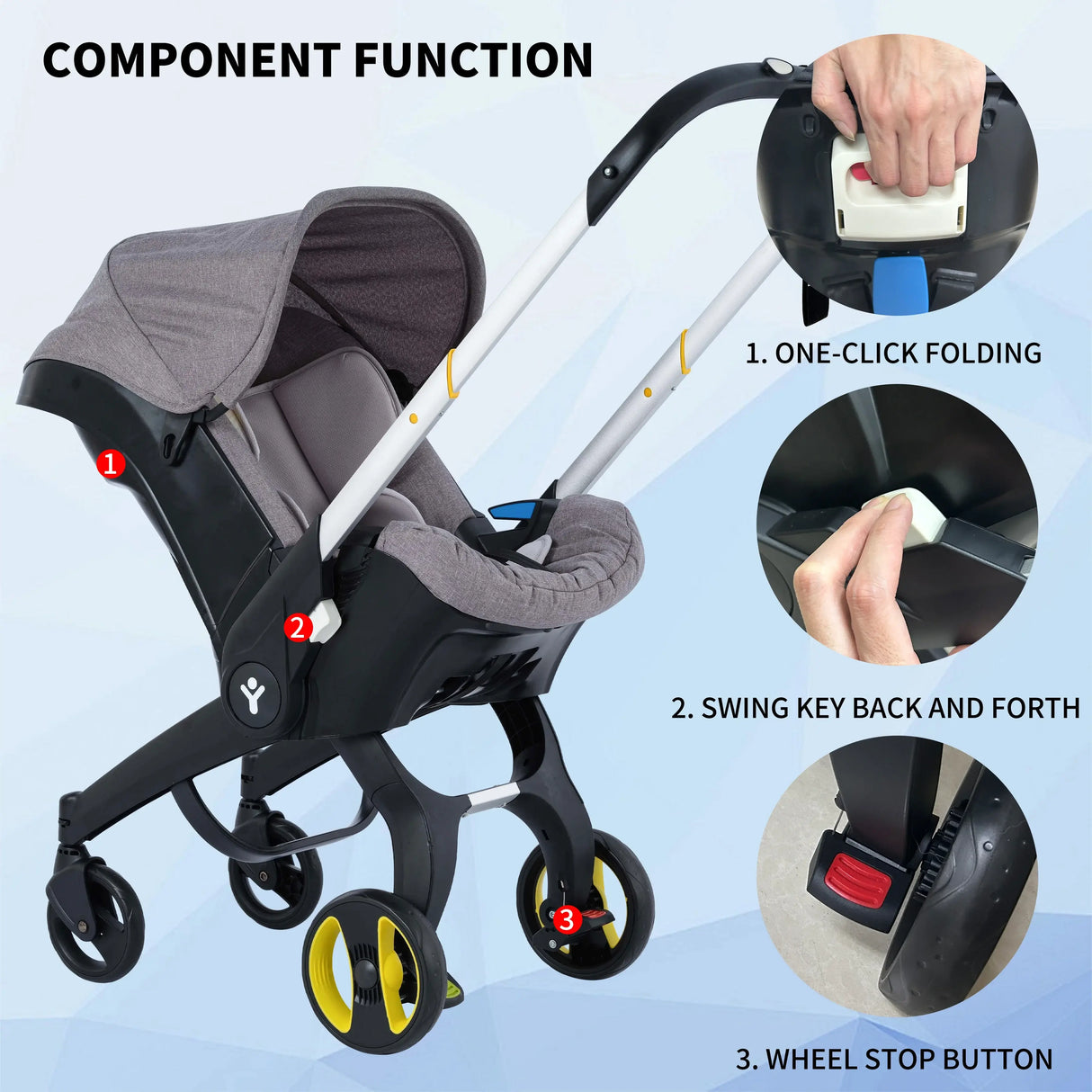 Foldable baby stroller features: one-click folding, swing function, and wheel stop button for easy use.
