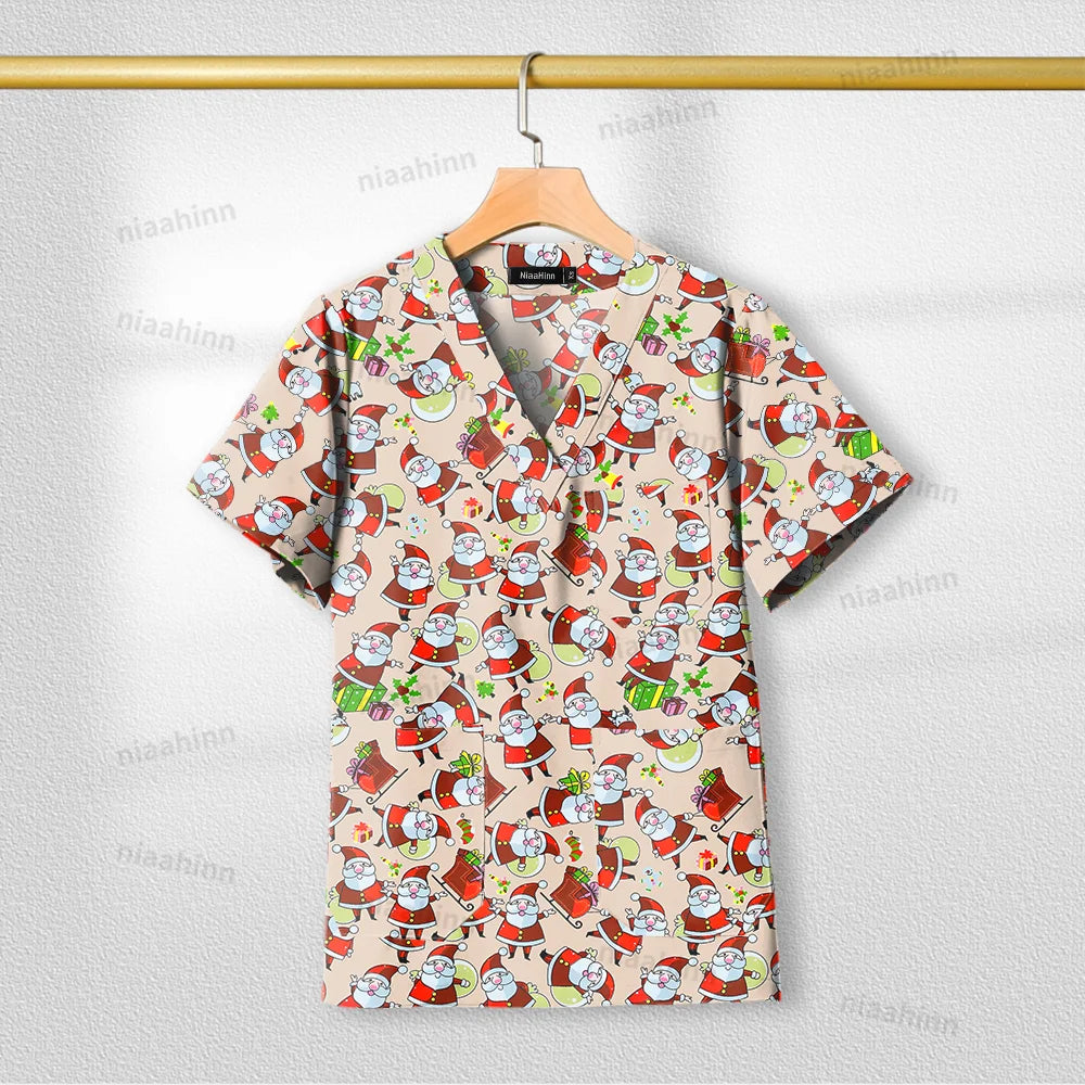 Printed nursing scrub top with festive Santa graphic design, short sleeve, V-neck, made of breathable cotton.
