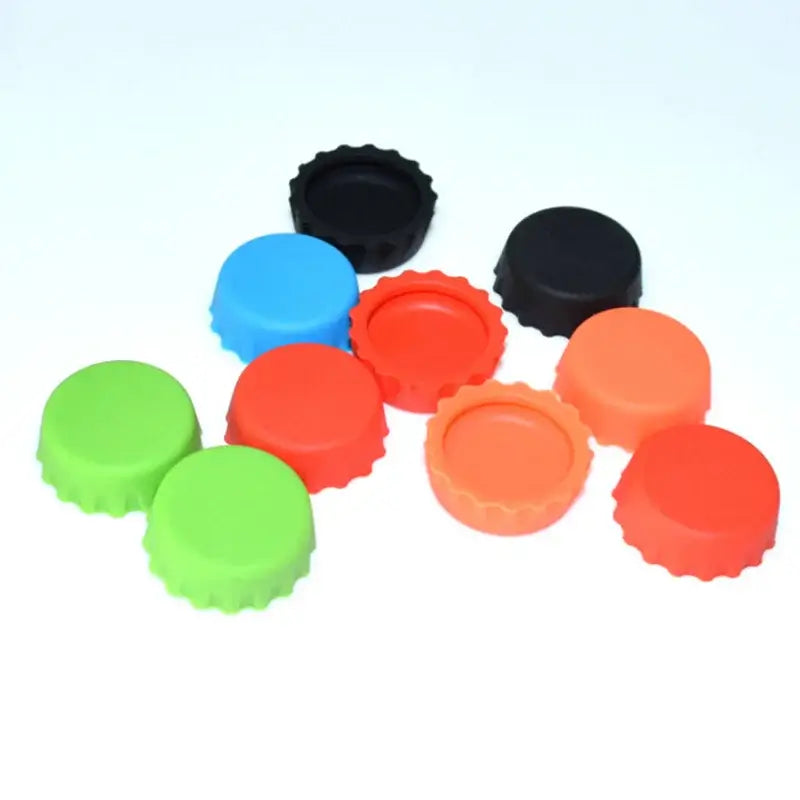 Colorful set of 6 reusable silicone wine bottle caps in green, blue, black, orange, and red for effective sealing.