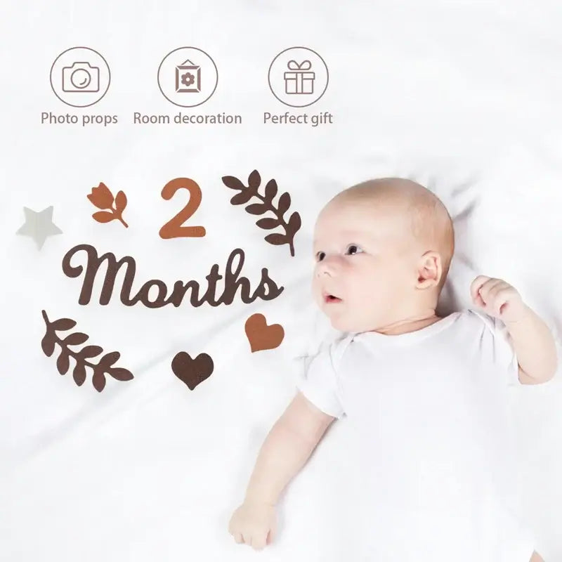 Baby milestone cards in soft felt showing 2 months, perfect for photo props and memory keepsakes.