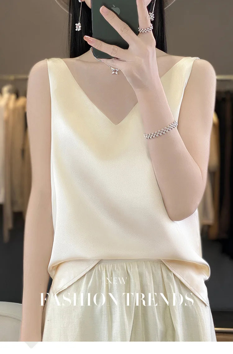SilkVibe™ Ice Silk V-Neck Camisole in white satin, perfect for summer comfort and stylish office wear.