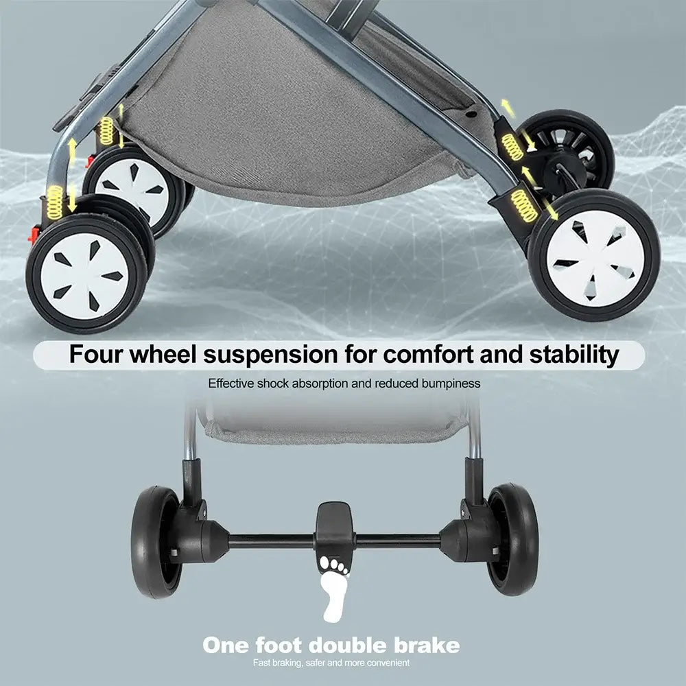 Lightweight baby stroller showcasing four-wheel suspension for comfort and stability, featuring a one-foot double brake system.