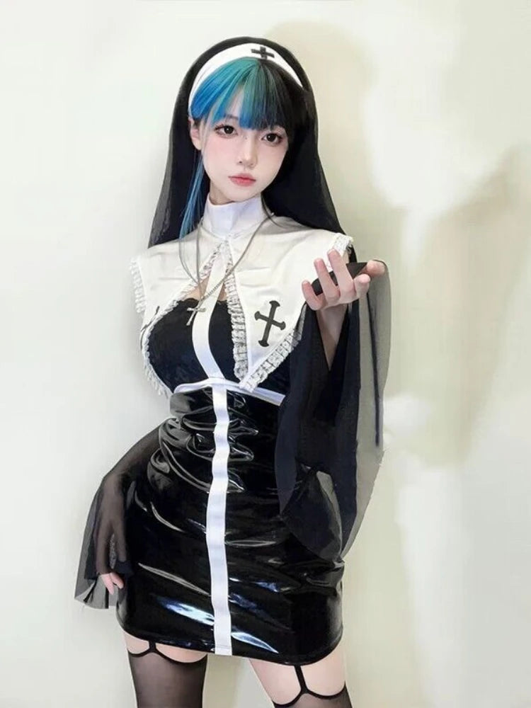 Sexy Anime Nun Leather Cosplay Outfit
