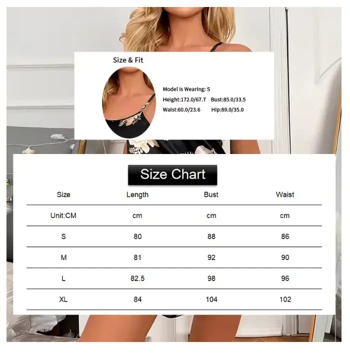 قميص نوم نسائي أسود من الساتان المزهر