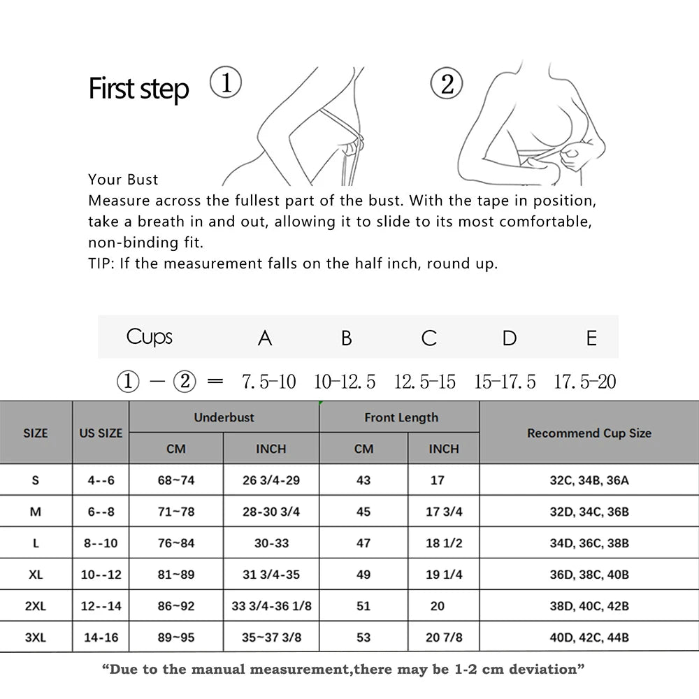 Size chart for ShapeEase™ camisole showing bust measurements and recommended cup sizes for accurate fitting.