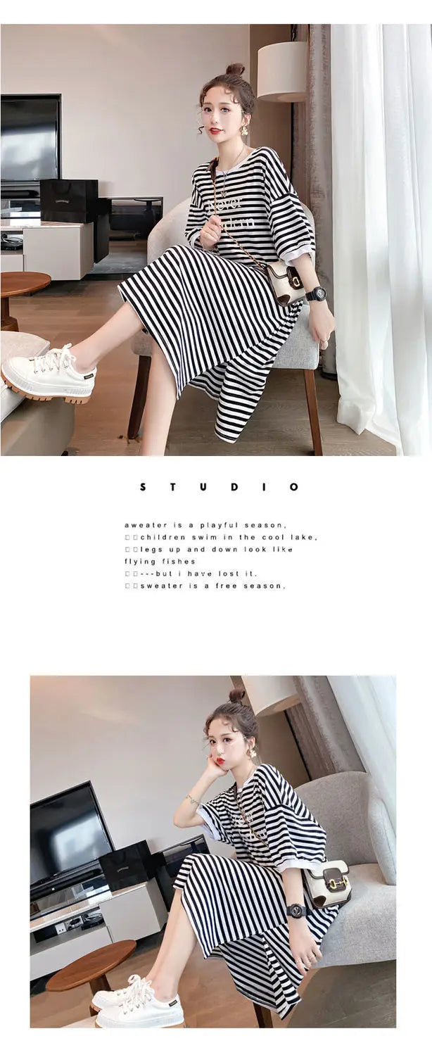 Striped maternity dress with boat neck, featuring a loose fit, mid-calf length, and casual style for summer wear.