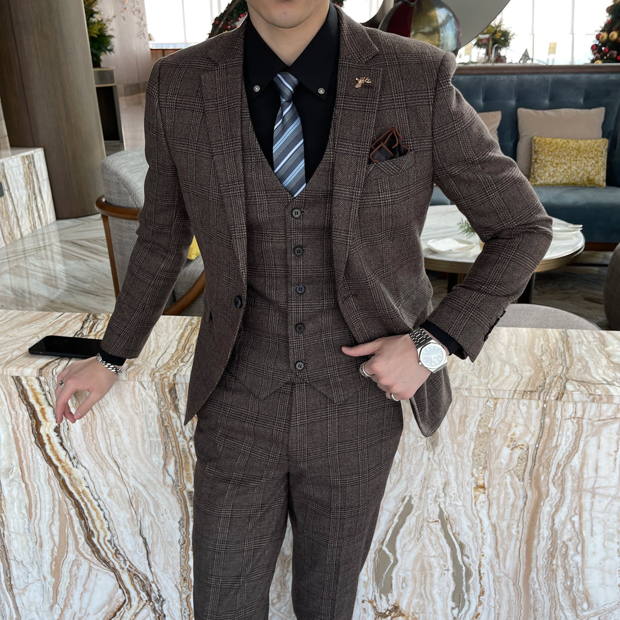 Men Plaid 3-Piece Business Suit