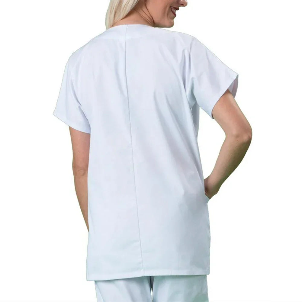 Unisex short sleeve medical shirt for doctors, showcasing the back view, made from cotton and polyester in white.