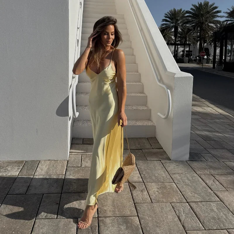Golden Satin Backless Evening Gown