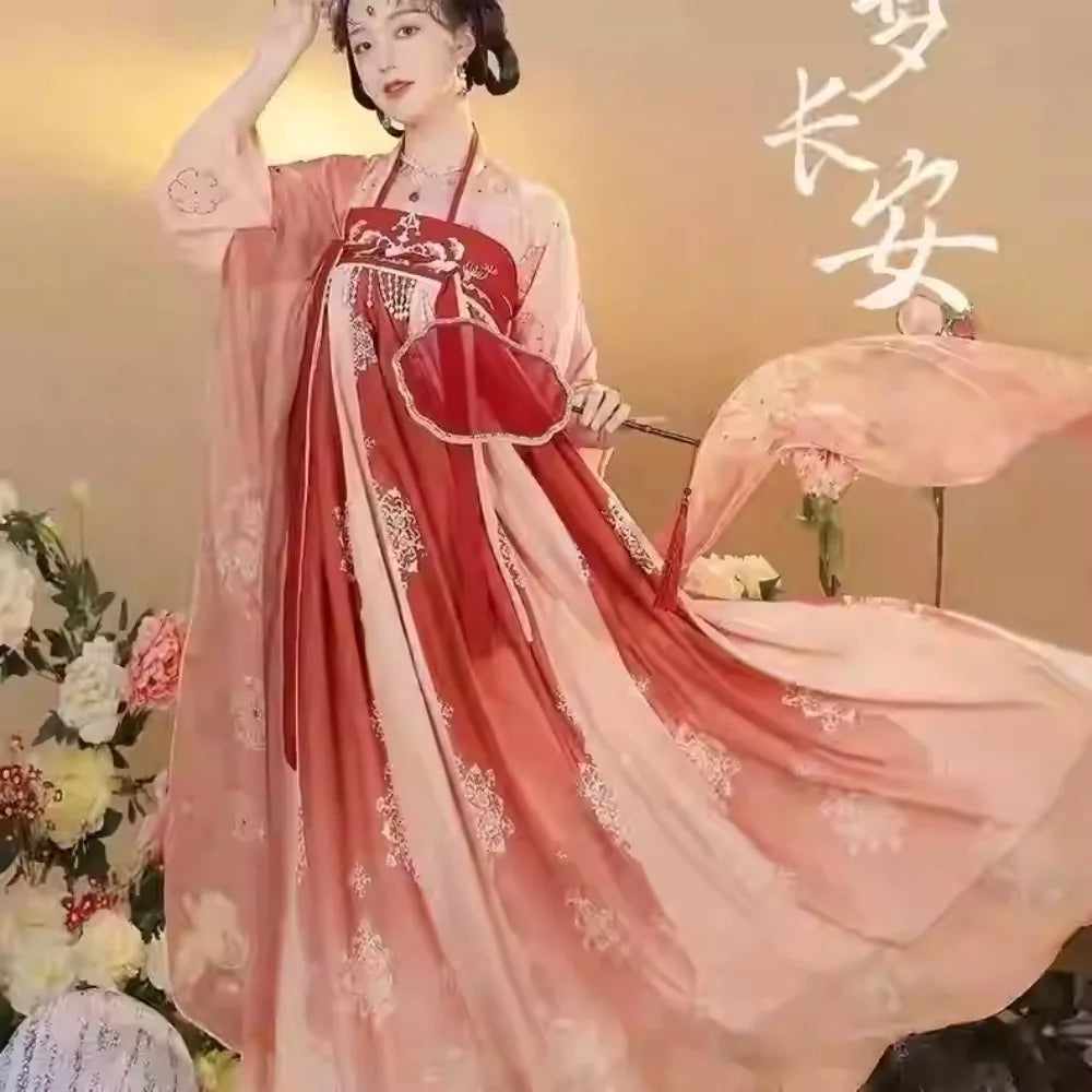 Elegant Hanfu traditional dress in shades of pink and red, perfect for parties and cultural celebrations.