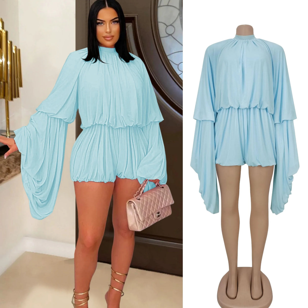 SculptEase™ – جمبسوت ضيق بأكمام واسعة ومكشكشة (مطاطي، أنيق، وملائم للانحناءات)