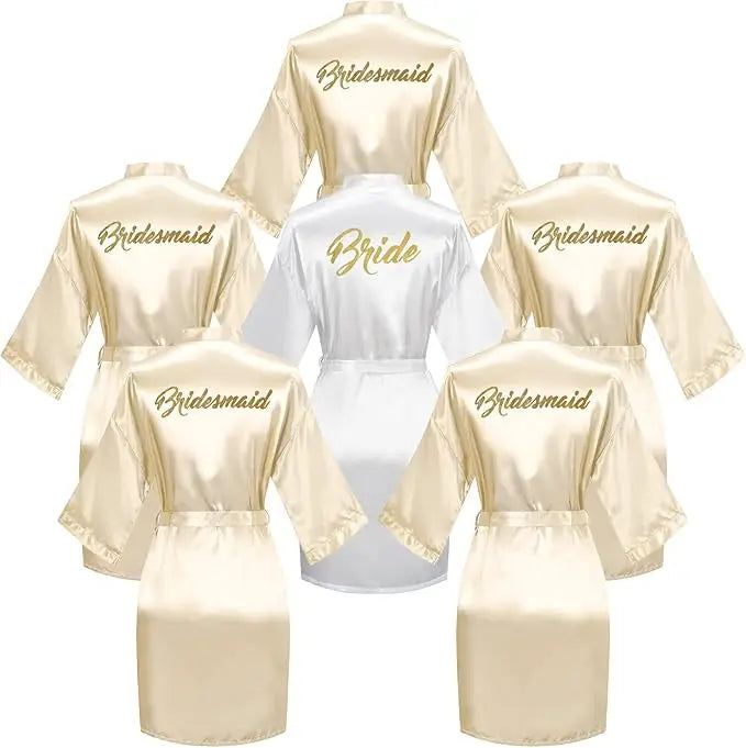 6-piece satin bridal shower robe set featuring 'Bride' and 'Bridesmaid' designs in elegant gold lettering.