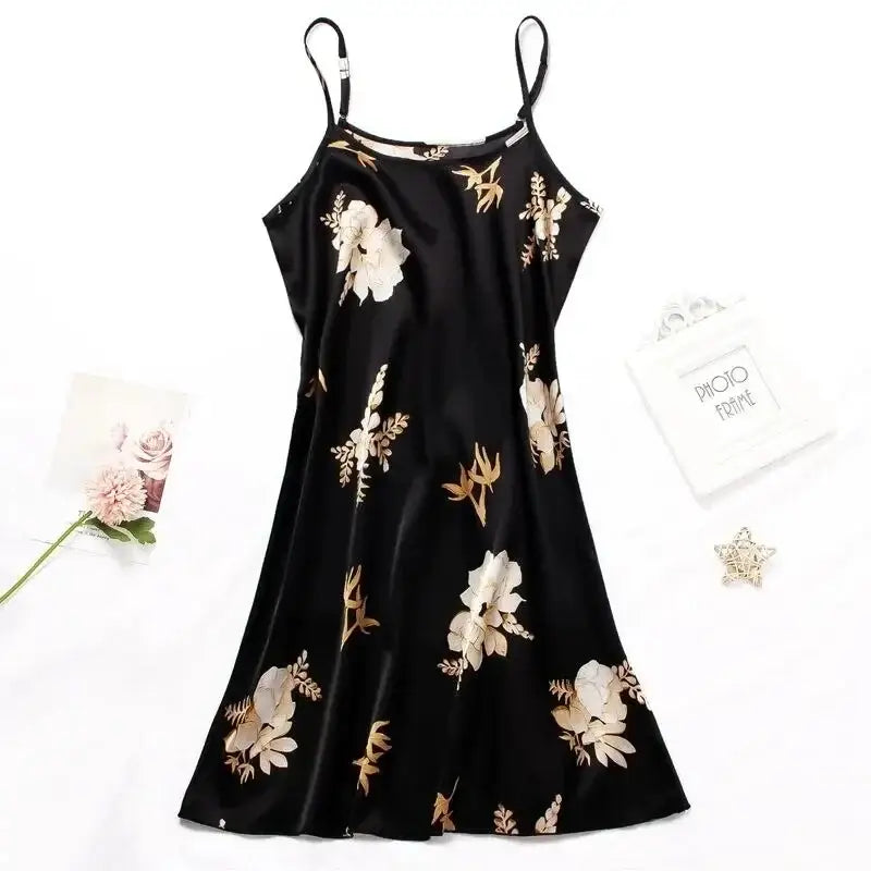 Women Black Floral Nightdress Satin Sleepshirt Casual