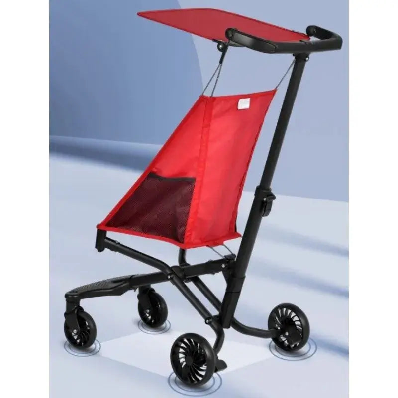 Lightweight baby stroller in red, featuring a foldable design and natural rubber wheels, suitable for ages 1-6 years.