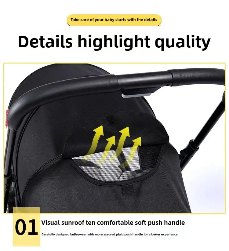 Highview Baby Stroller features a soft push handle and visual sunroof for comfort and quality. Ideal for infants and toddlers.