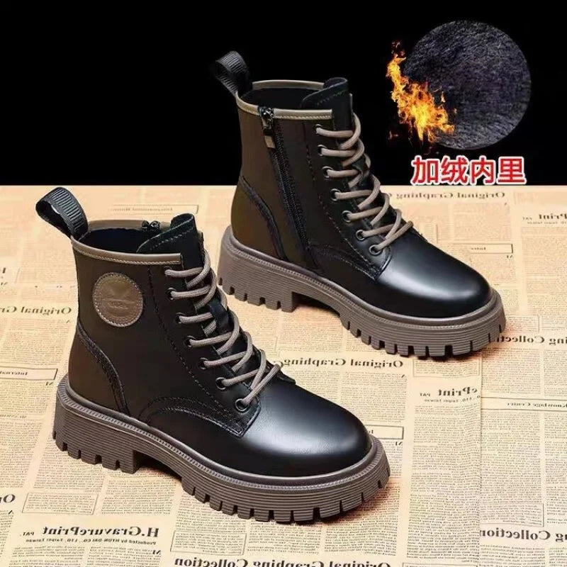 Women Motorcycle Style Ankle Boots – Thick Sole Leather Plus Velvet