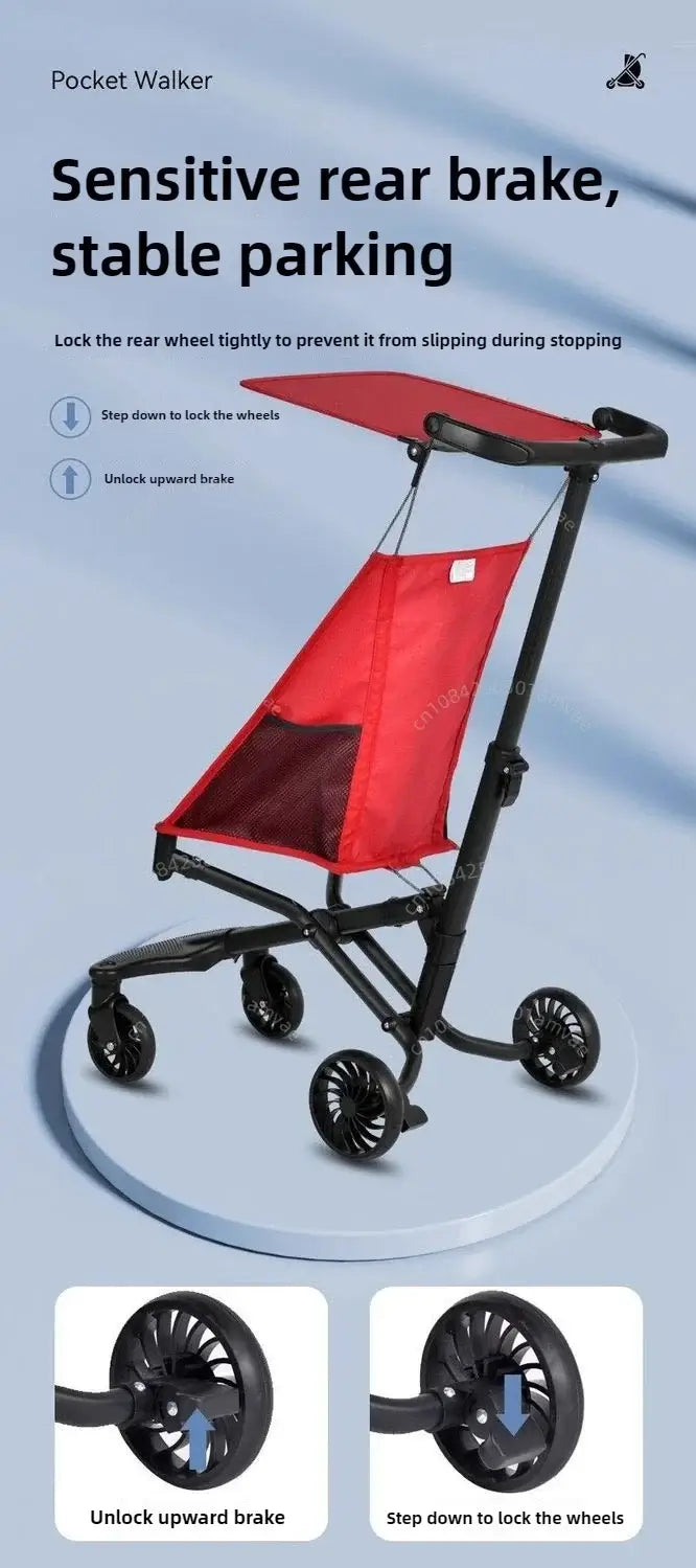 Lightweight baby stroller with a sensitive rear brake for stable parking, featuring durable wheels and easy-to-use locking mechanism.