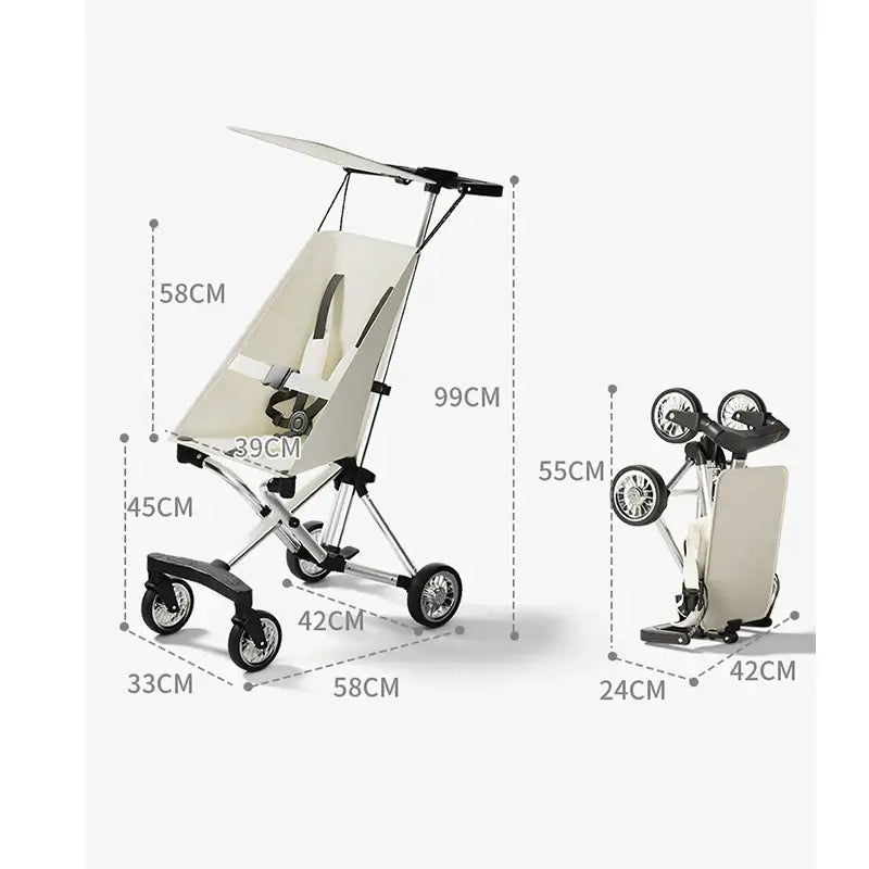 Lightweight travel stroller design with dimensions: 99cm height, all-terrain wheels, and foldable feature for easy transport.