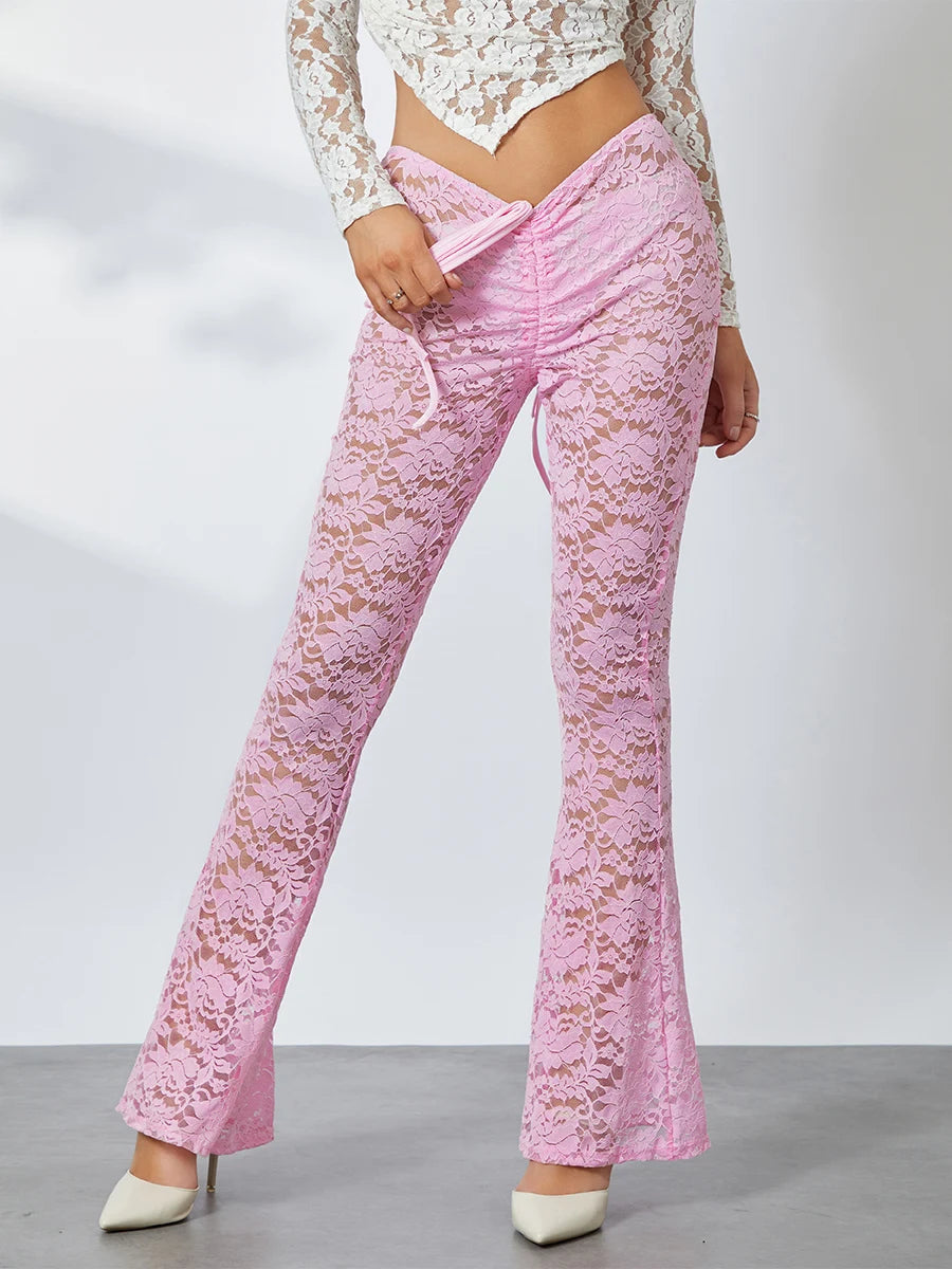 Women Lace Flare See-Through Pants