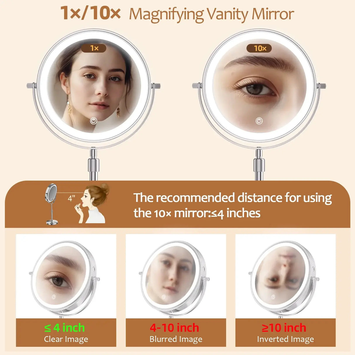8 Inch Makeup Mirror with Light offering 1X and 10X magnification, highlighting clear and blurred image recommendations.