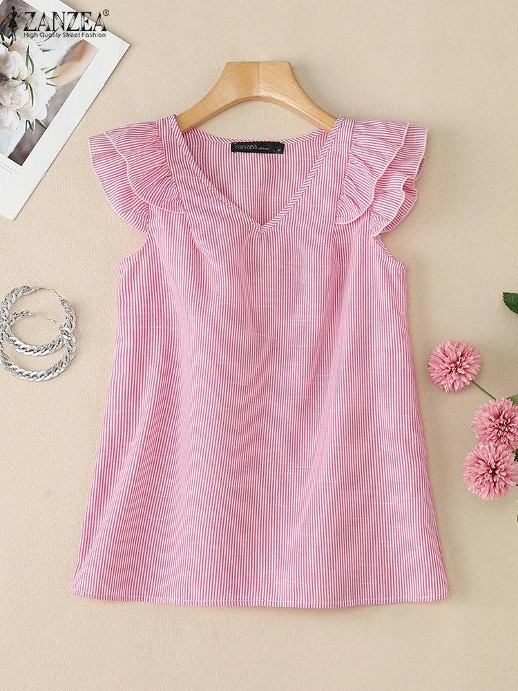 بلوزة نسائية مخططة بدون أكمام وفتحة رقبة على شكل حرف V