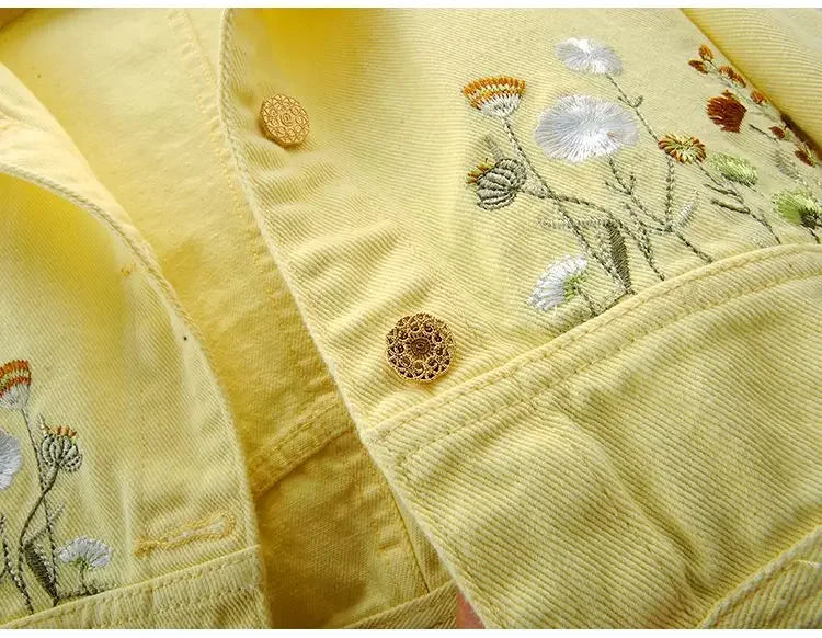 Floral Embroidery Denim Crop Jacket for Women