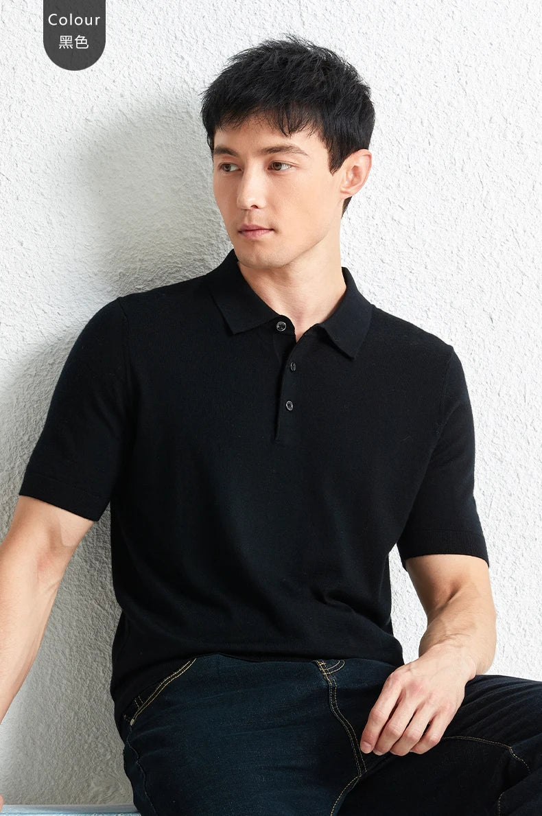 Men Short Sleeve Wool Polo Knit