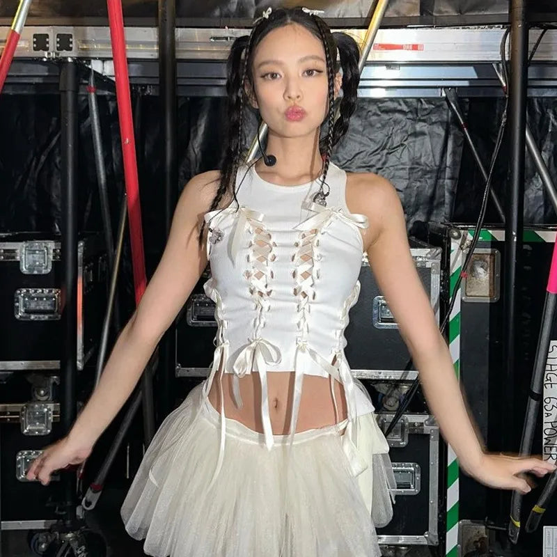 Aesthetic Bow Bandage Ribbed Crop Top