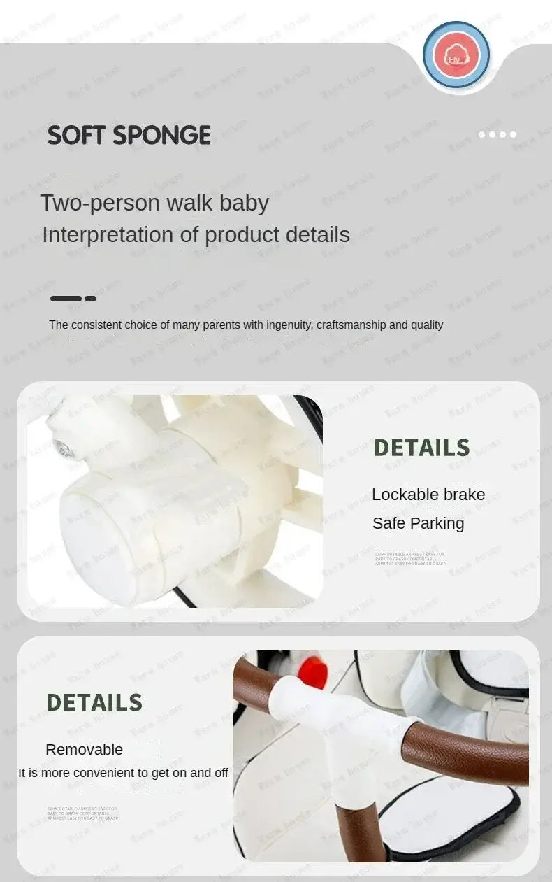 Soft sponge two-person baby stroller showing lockable brake, safe parking, and removable features.