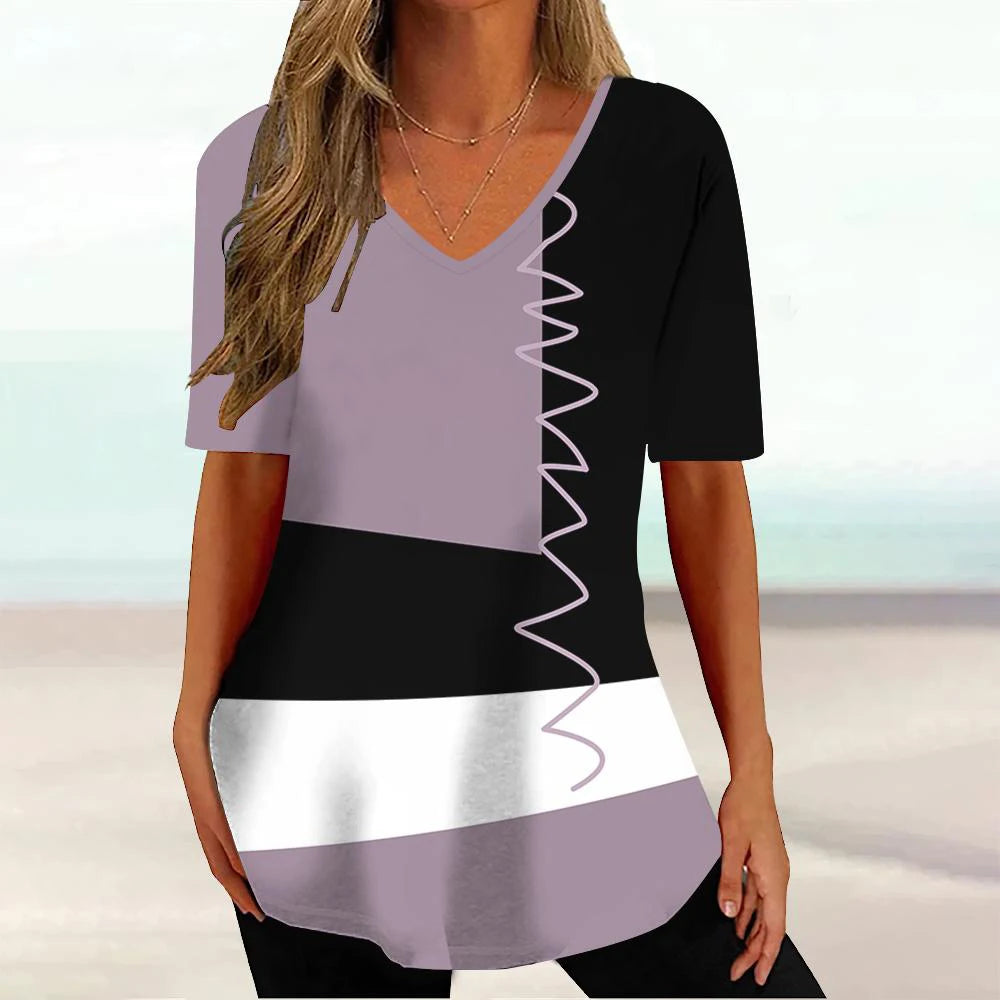 Women 3D Print V-Neck Tee
