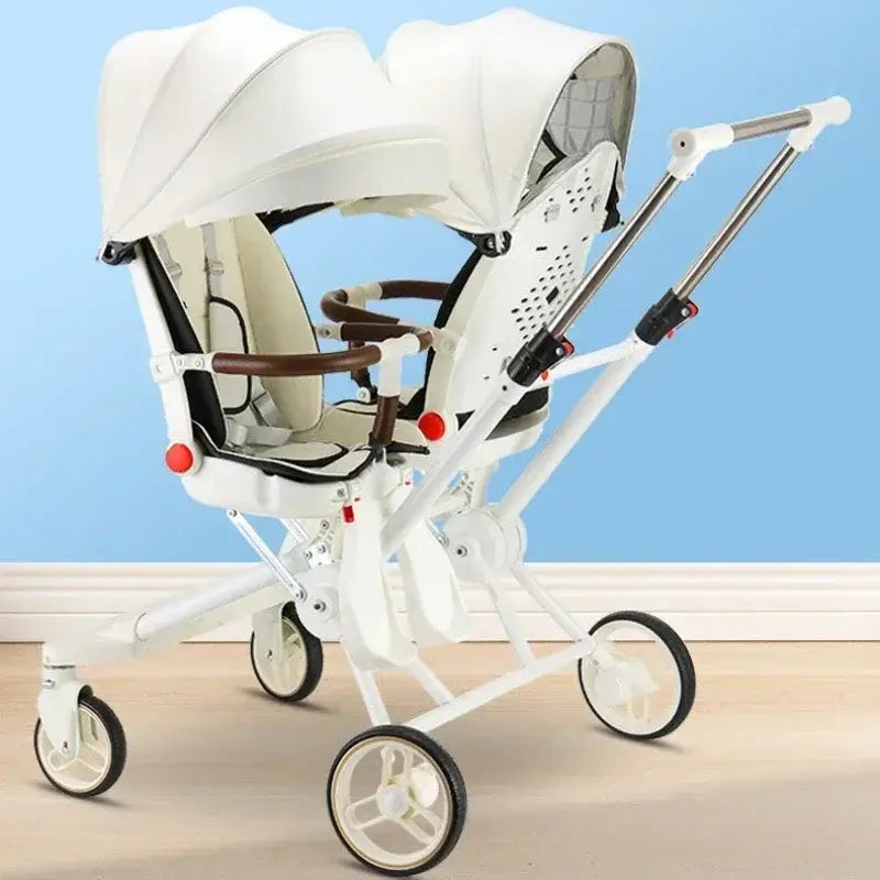 Twin stroller for two children, featuring high-carbon steel frame and recycled fiber fabric. Ideal for ages 6 months to 3 years.