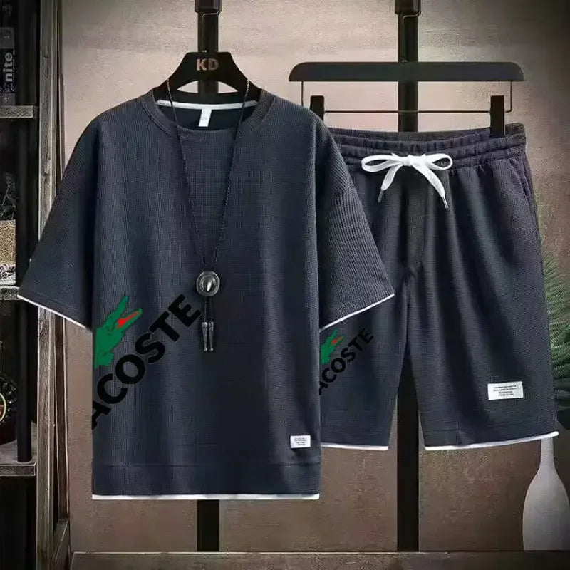 Men Waffle Print Shorts Set