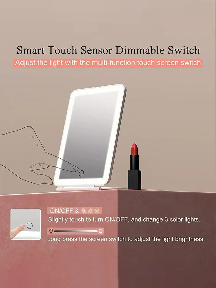 LED foldable travel makeup mirror with smart touch sensor dimmable switch, featuring adjustable light settings.