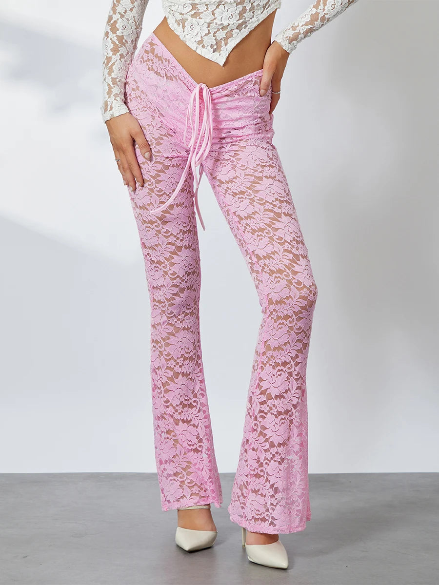 Women Lace Flare See-Through Pants