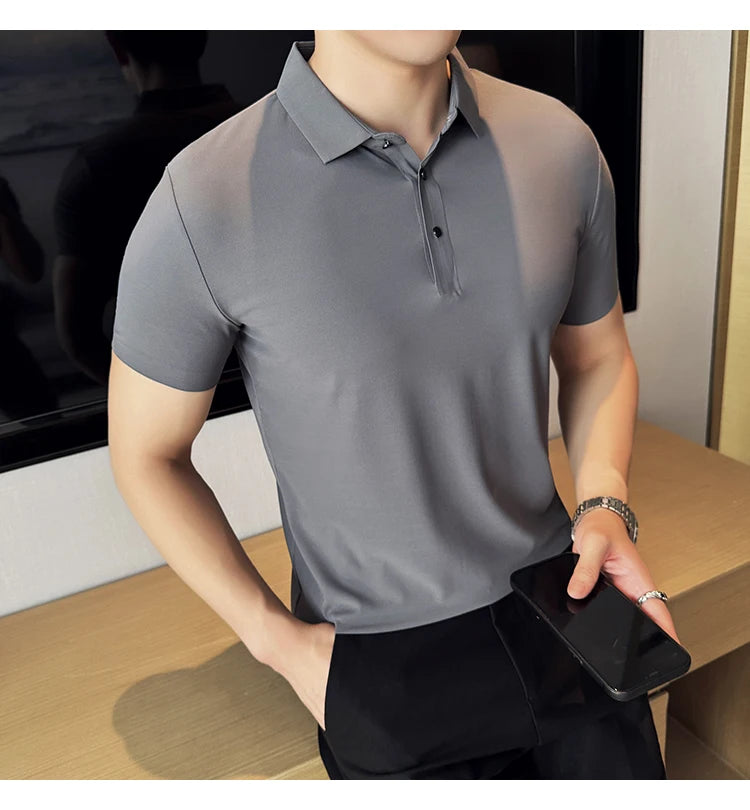 Men Ice Silk Polo Shirt Brown Top
