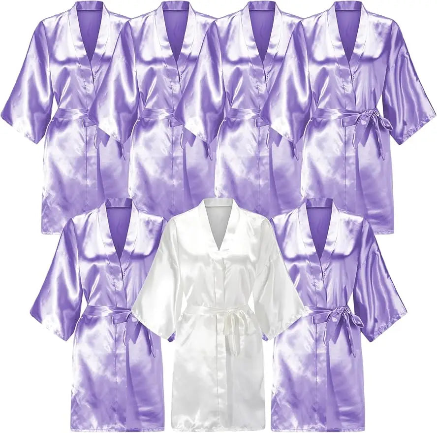 7-piece satin bride robe set featuring purple and white kimonos, perfect for bridal party outfits.