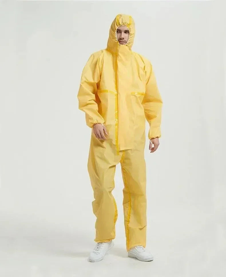 Unisex chemical resistant work coverall, waterproof yellow protective suit for utility and safety.