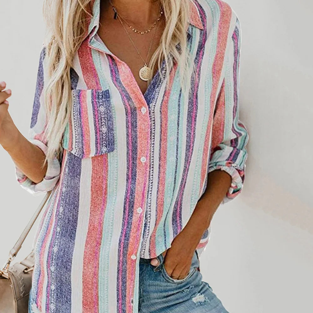 Women Striped Lapel Button Cardigan Shirt