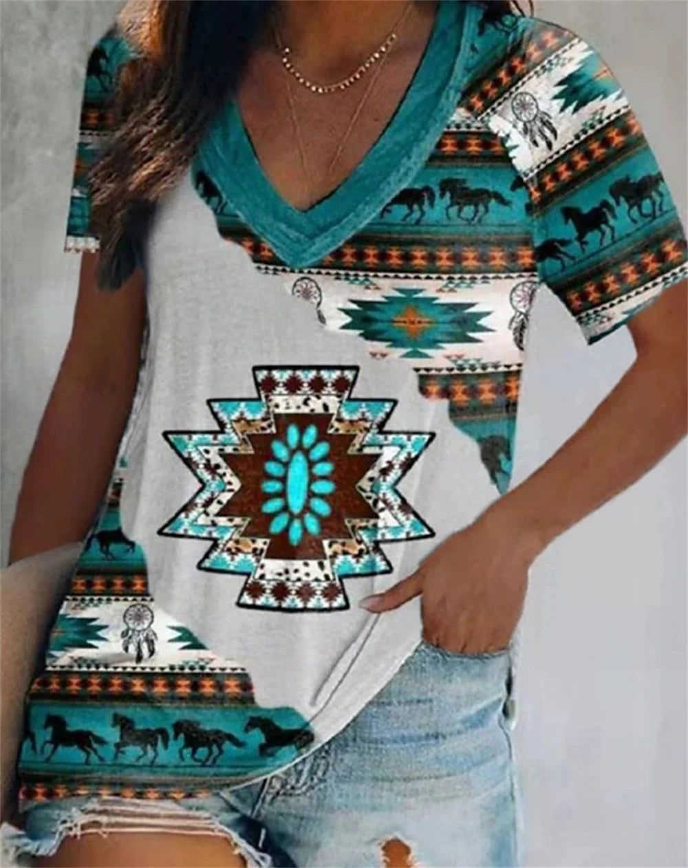 Stylish 3D floral graphic V-neck tee for women, featuring unique aztec print and comfortable fit.