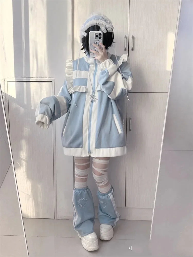 Japanese Patchwork Oversized Women's Coat – Y2K Lolita Ruffle Jacket