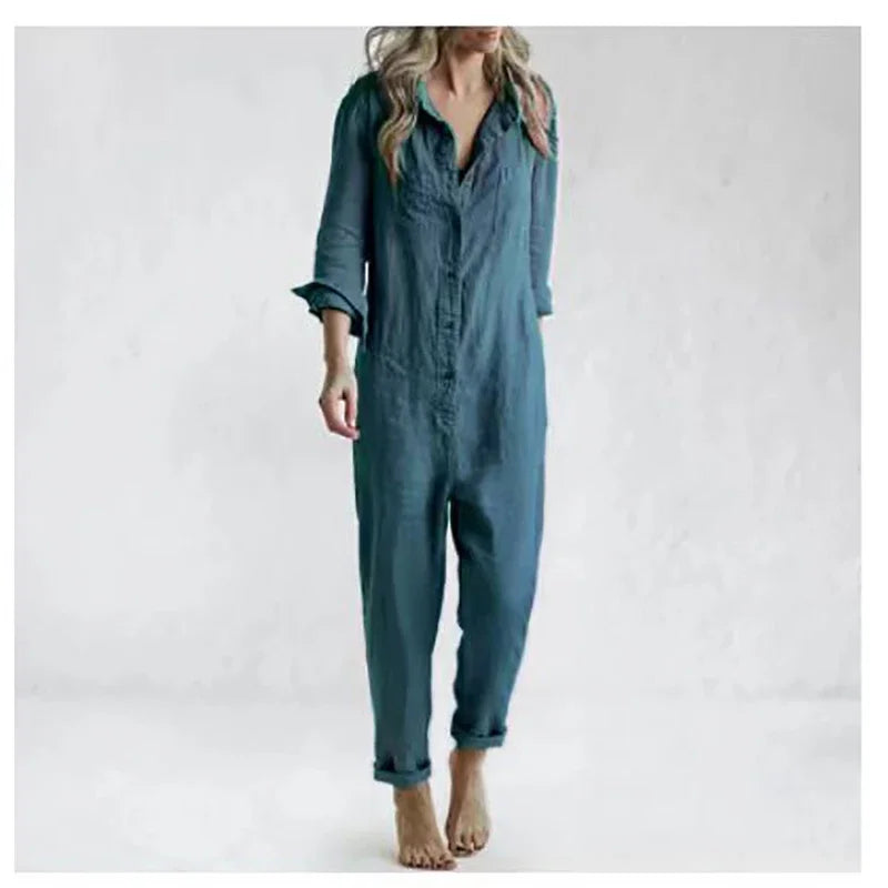 LinoSoft™ – Cotton Linen Long Sleeve Button Jumpsuit (Earthy, Relaxed & Breezy)
