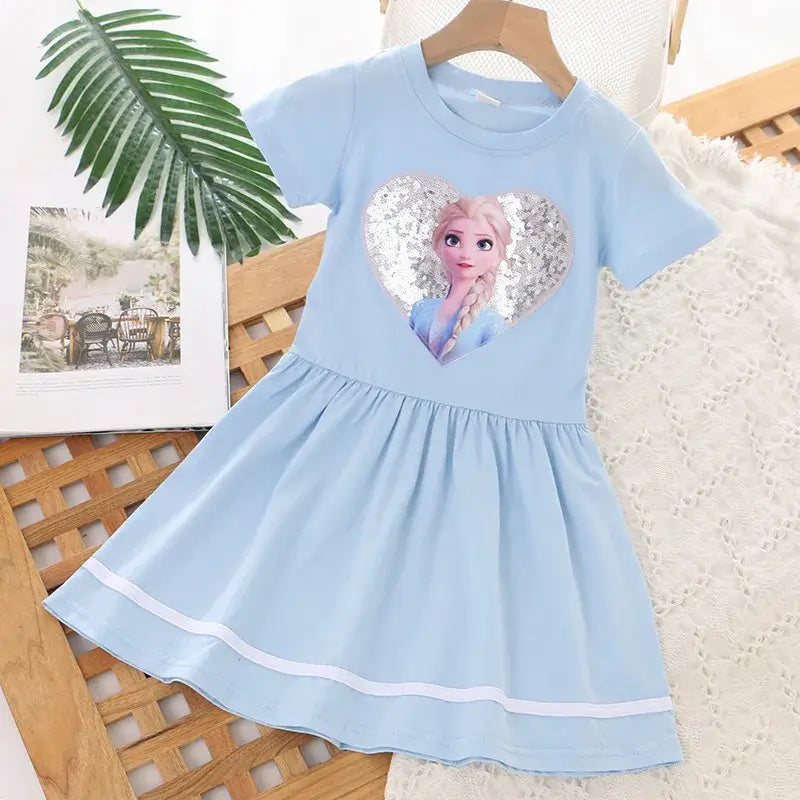 Girls summer dress featuring a heart-shaped sequined Elsa design, perfect for ages 4-6Y. Lightweight cotton fabric.