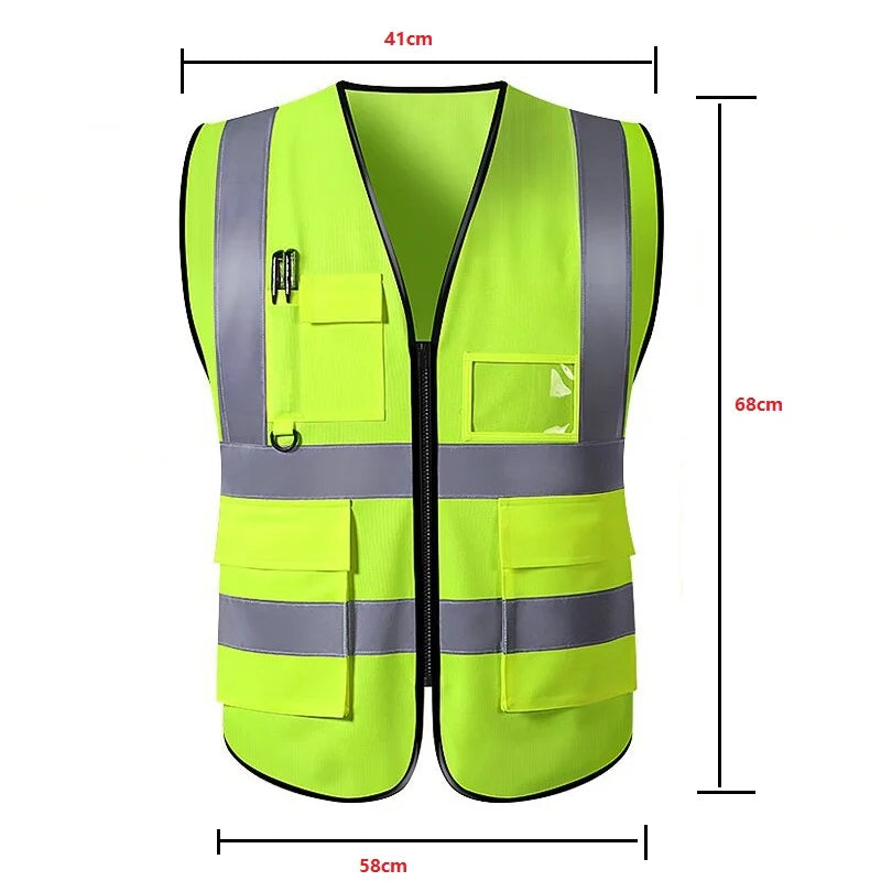 Unisex multi-pocket safety vest in bright yellow with reflective stripes, measuring 41cm shoulder width and 68cm length.